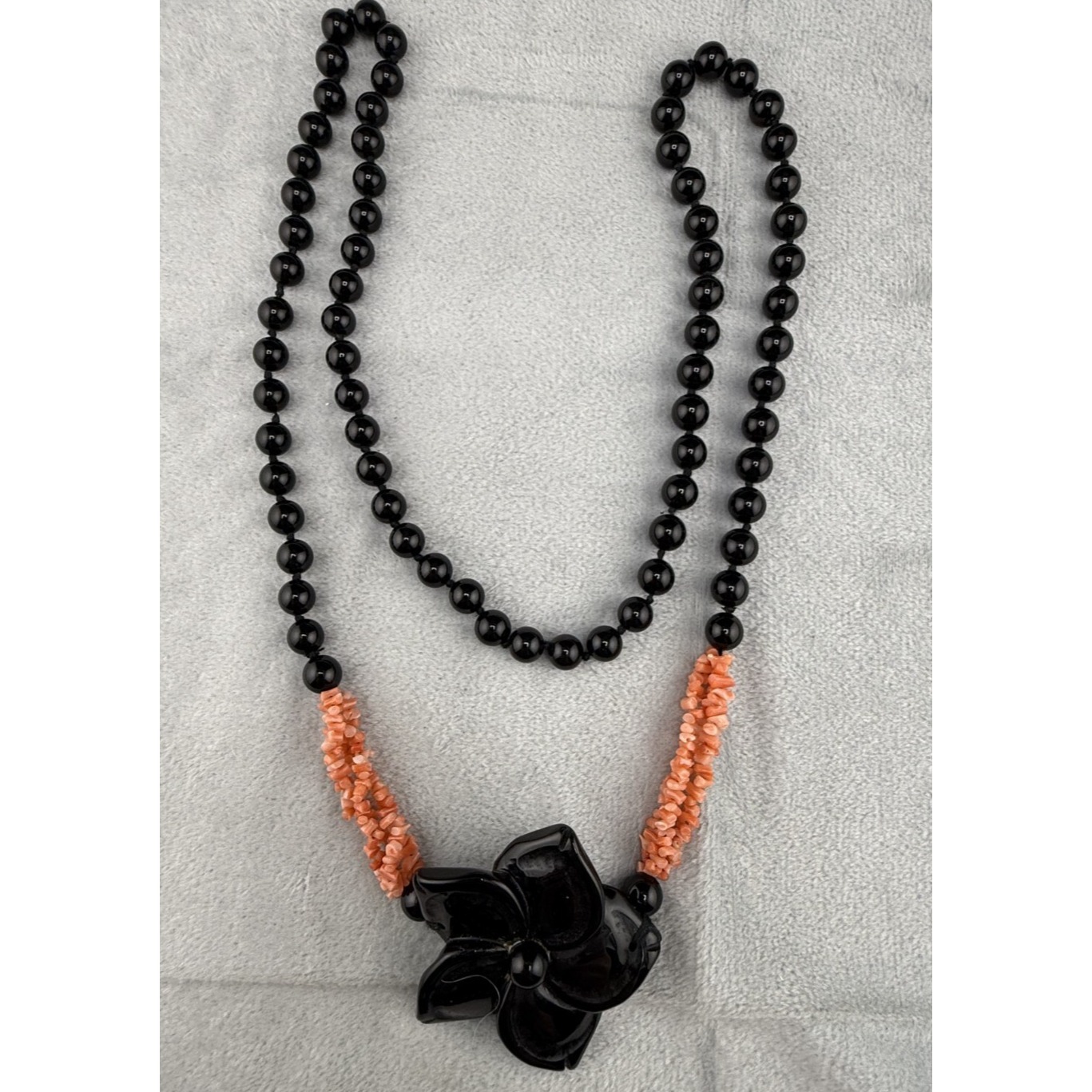 Vintage Pink Coral Stone Necklace Onyx Blossom Flower Pendant 32"